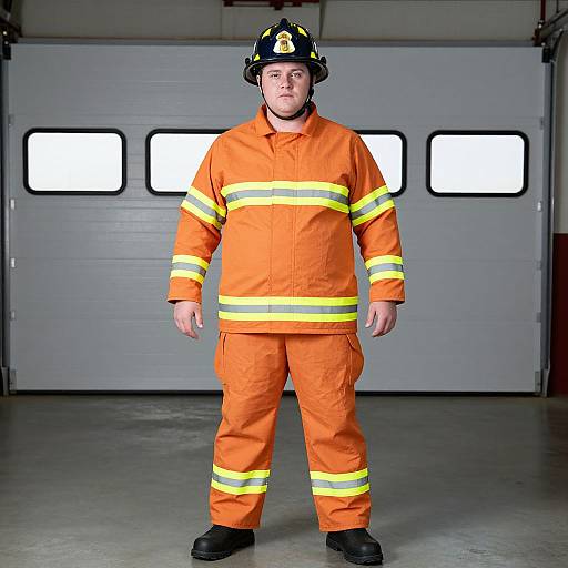 Photograph of a Caucasian male firefighter standing in front of a white garage door with three rectangular windows. He wears an orange uniform with yellow stripes, black