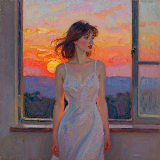 Digital oil painting of a young woman in a white, semi-transparent dress, standing by a window at sunset, with vibrant orange, pink, and purple
