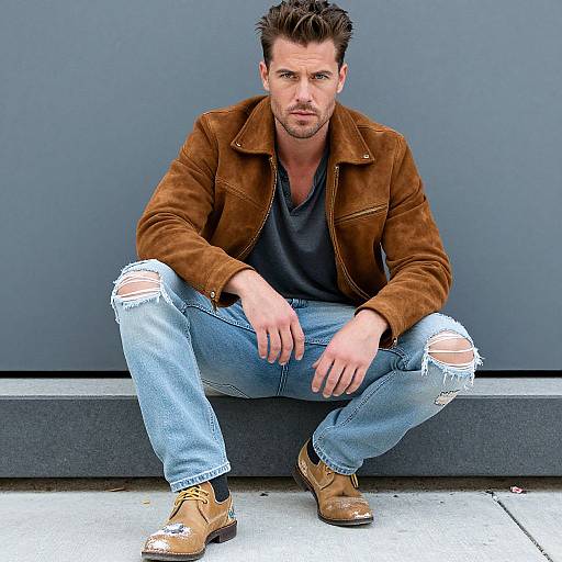 Photograph of a rugged, muscular man with short brown hair, wearing a brown suede jacket, black shirt, ripped blue jeans, and tan boots,