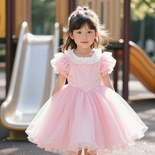 Photograph of a young Asian girl with light skin, brown hair, and bangs, wearing a pink, frilled, short-sleeve dress
