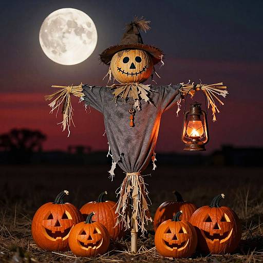 Tattered Scarecrow With Lantern And Pumpkins