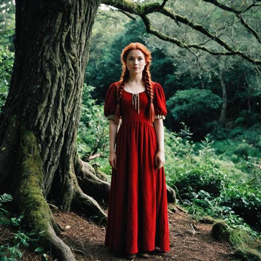 Woman in Red Dress Standing by Tree in Forest
