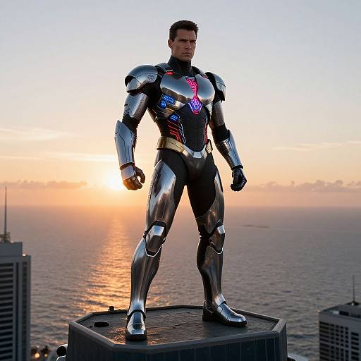 Photograph of a muscular man in a shiny, silver and black Iron Man suit standing on a rooftop at sunset, with a city skyline and ocean in