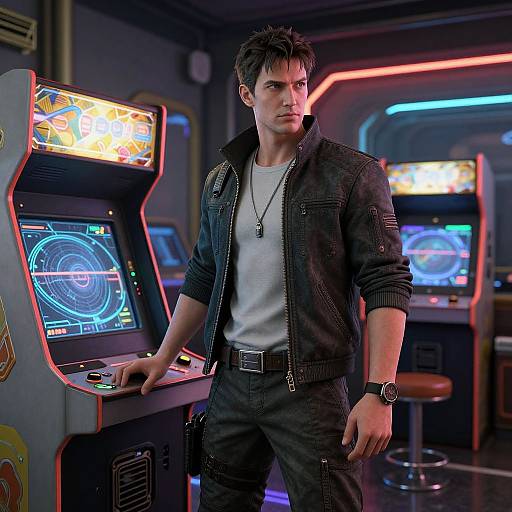 Photorealistic CGI of a muscular, dark-haired man in a black jacket and white tee, standing in a neon-lit arcade, playing a futuristic