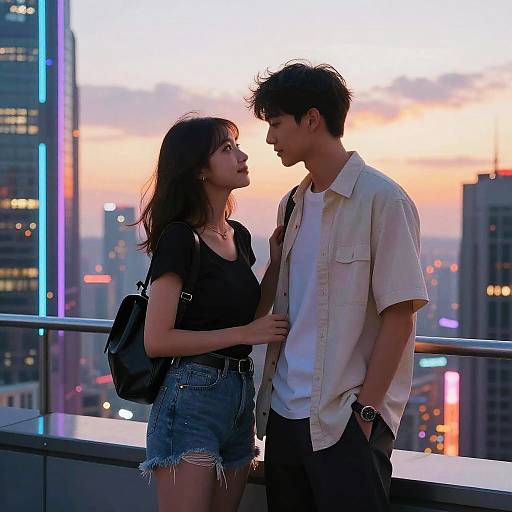 Photograph of a couple standing on a balcony at sunset, city skyline in background. She wears black top, denim shorts; he wears white shirt,