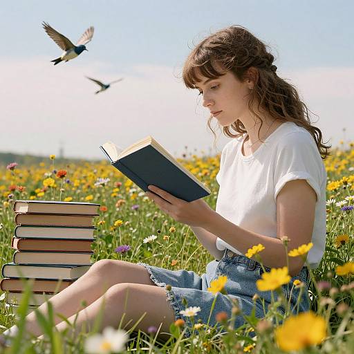 Young woman with wavy brown hair, white t-shirt, and denim skirt sits in a sunny meadow, reading a book, surrounded by colorful wild