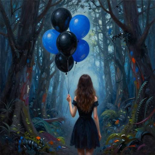 Digital painting of a girl with wavy brown hair, wearing a black dress, holding blue and black balloons, standing in a dense, mystical forest with