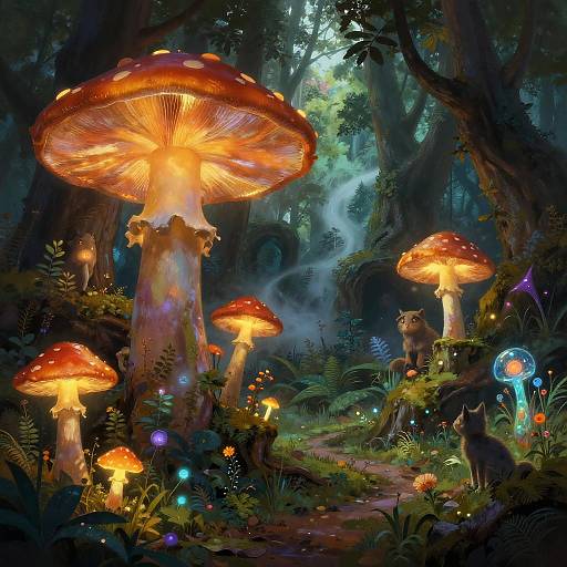 Mysterious, magical forest illustration featuring giant glowing mushrooms, colorful fireflies, and a small, glowing creature among lush greenery and shadowy trees.