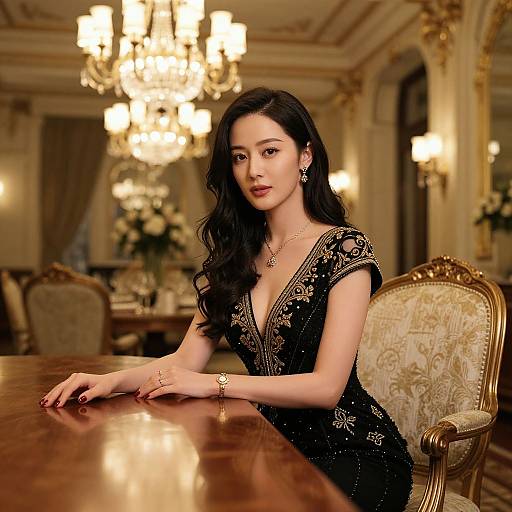 Photograph of a beautiful Asian woman with long black hair, wearing a black, floral-patterned dress, seated at a polished wooden table in an op