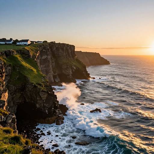 Photograph of a rugged coastal cliff at sunset, with crashing waves, rocky shoreline, grassy top, and houses silhouetted against a vibrant