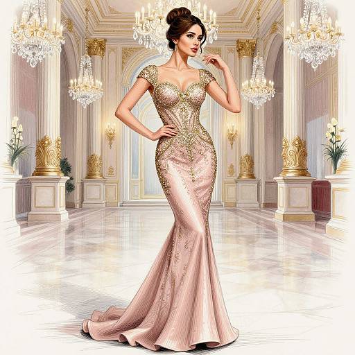 Photorealistic digital illustration of a confident woman in a form-fitting, sparkling pink gown with gold embellishments, standing in an opulent, ch