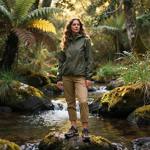 Woman Standing on Rock in Rainforest Creek