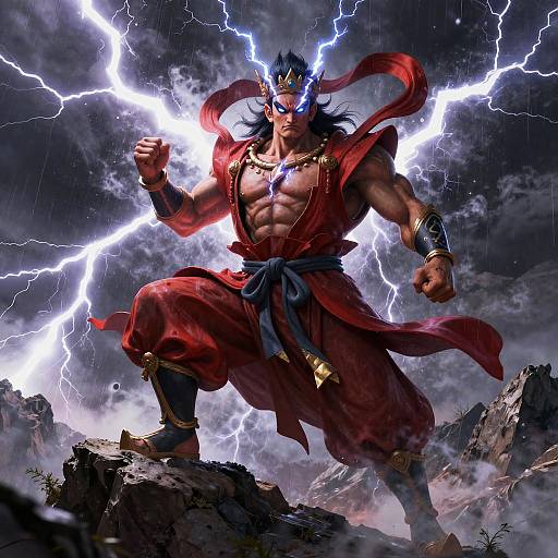 Digital artwork of a muscular, blue-haired warrior in red robes, glowing blue mask, lightning bolts, and gold accessories, standing on rocky terrain.