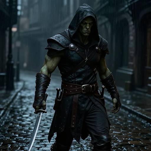 Dark, muscular warrior with hooded cloak, armored shoulders, and sword in rainy, cobblestone alleyway; blue-tinted, moody