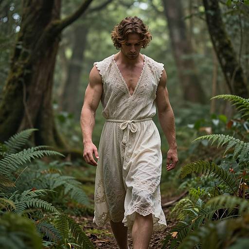 Muscular man with curly brown hair walks through a dense forest wearing a white, lace-trimmed, sleeveless dress, surrounded by ferns.