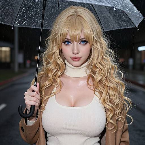 Digital artwork of a blonde woman with blue eyes, large breasts, holding a transparent umbrella in a rainy city street. She wears a white tank top and