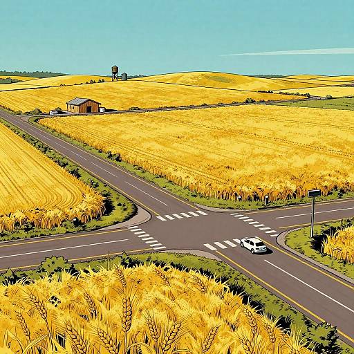Colorful digital illustration of a rural crossroads with golden wheat fields, a small wooden house, and a white car. Clear blue sky, bright sunlight