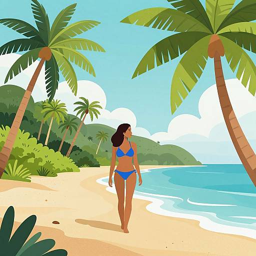 Digital illustration of a woman in a blue bikini walking on a sunny tropical beach with tall palm trees and clear blue ocean.