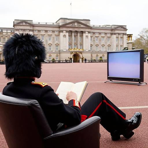 Photorealistic digital art of a British guardsman in black bearfur hat, uniform, and red stripes, reading a book while seated, watching a