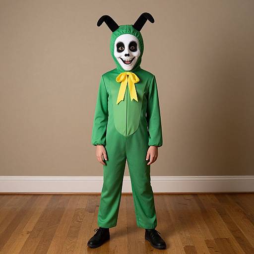 Photograph of a child in a green onesie with black bunny ears, white face mask with black eyes and mouth, yellow bow, standing on wooden