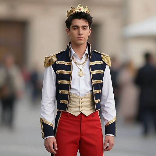 Photograph of a young man in a regal outfit, wearing a gold crown, black and gold military-style jacket, white shirt, red pants,