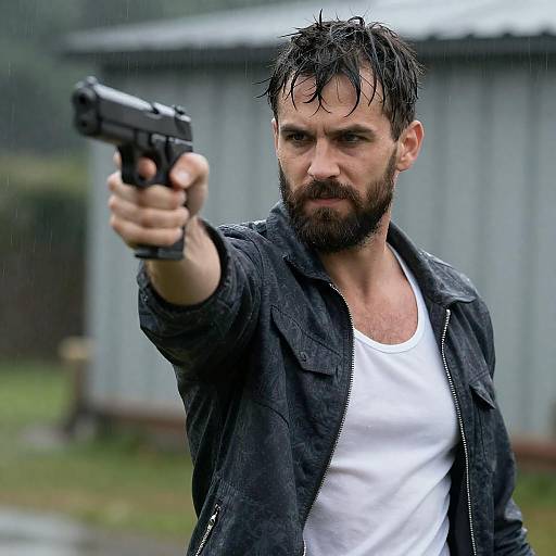 Intense Bearded Man in Rainy Scene