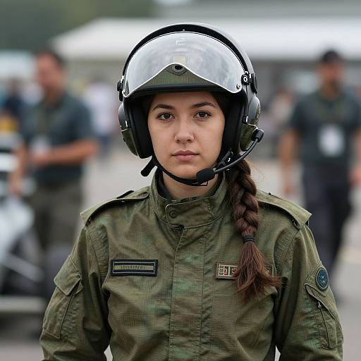 Photograph of a young Asian woman in military camouflage uniform, black helmet with clear visor, braid, and headset, standing in a blurred outdoor