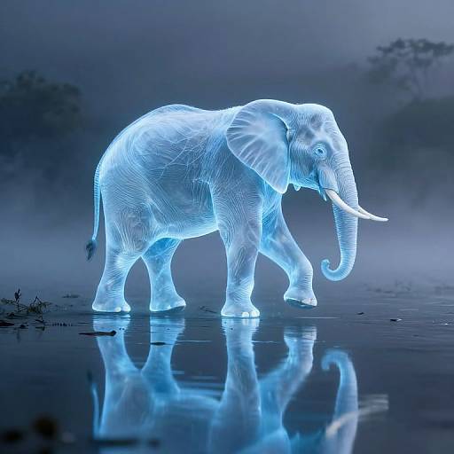 Photograph of a glowing blue, translucent elephant walking in a reflective, misty water scene, with its reflection clearly visible.