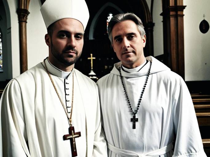 Two Priests in Church with Cross Necklaces