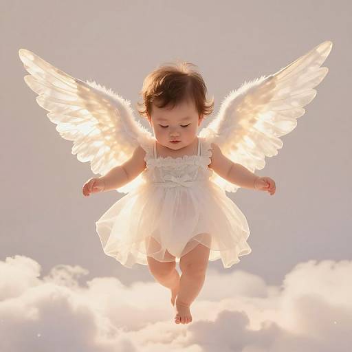 Photograph of a baby with glowing white wings, wearing a flowing white dress, floating above fluffy clouds, exuding angelic innocence and purity.