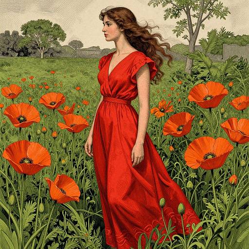 Digital illustration of a brunette woman in a red, V-neck dress standing in a vibrant field of red poppies, with trees and a cloudy sky in