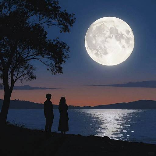 Silhouetted couple stands by lake at dusk, gazing at bright full moon. Tree on left, calm water reflects moonlight. Digital art