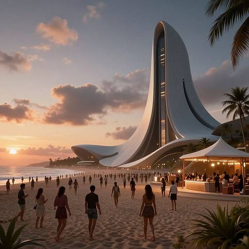 Photograph of a sunset beach with people walking, featuring a futuristic, curved skyscraper and white tented bar, palm trees in the foreground.