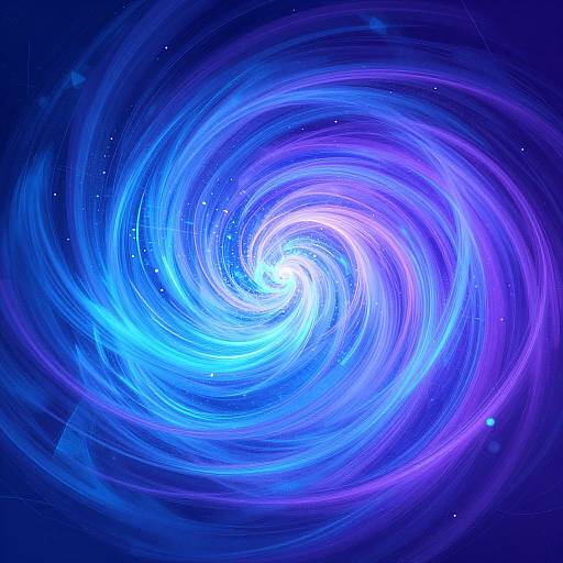 Digital art of a vibrant, swirling blue and purple galaxy with glowing white core, surrounded by sparkling stars against a deep blue background.