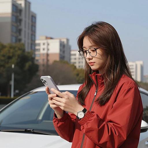 Girl in Red Jacket with Smartphone
