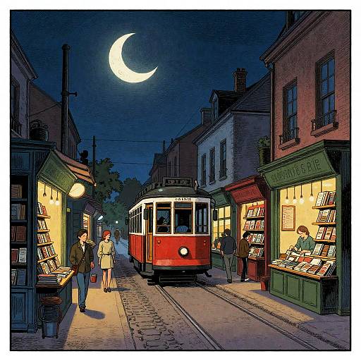 Moonlit Tramway of Open-Air Bookstores