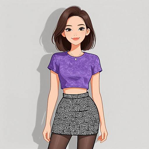 Chic Smiling Woman in Geometric Outfit