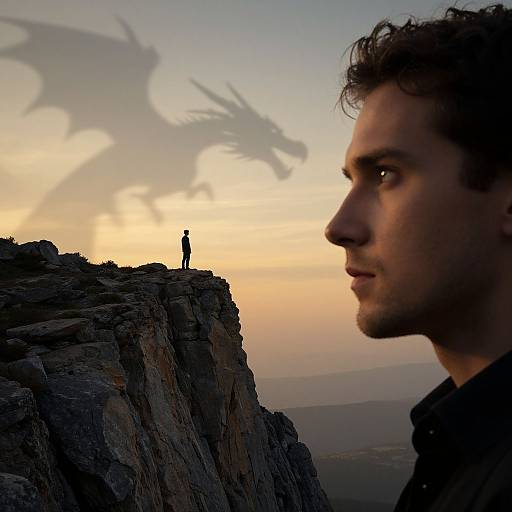 Photograph of a man's profile in shadow, with a silhouette of a person standing on a cliff against a sunset sky, featuring a dragon shadow.