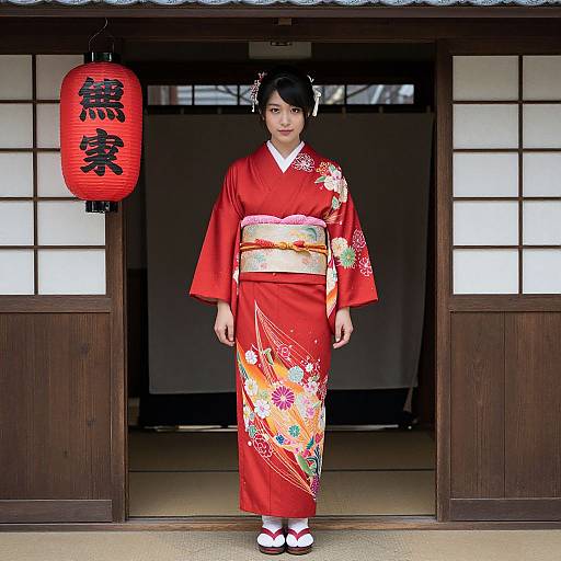 Photograph of an Asian woman in a vibrant red floral kimono, standing in a traditional wooden doorway, with a red paper lantern to her left.