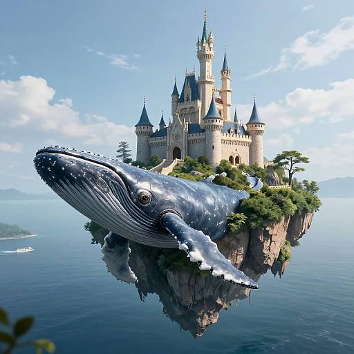CGI fantasy image: enormous blue whale with white speckles, floating on water beside a whimsical, castle-topped island under a clear blue