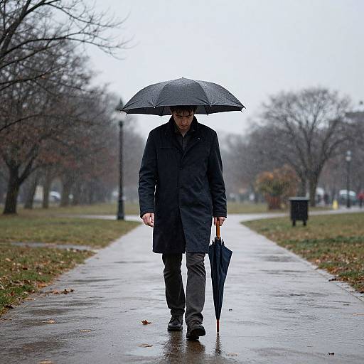 Lonely Man Walking in Rain
