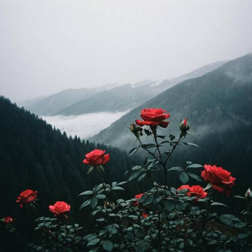 Red Roses in Misty Mountain Landscape