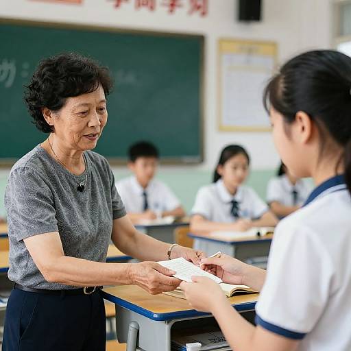Photograph of an elderly Asian female teacher in gray shirt handing papers to a young Asian female student in white uniform, classroom setting with chalkboard and other