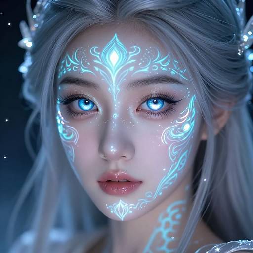 Digital artwork of a fair-skinned, blue-eyed woman with glowing, intricate blue patterns on her face and neck, silver hair, and luminous eyes