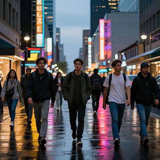 Photograph of five young adults walking on a wet, reflective urban street at dusk, surrounded by vibrant neon lights.