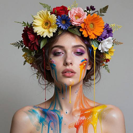 Photograph of a young woman with colorful flower crown, face and chest painted with vibrant blue, orange, and yellow paint drips. Grey background,