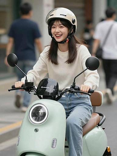 Young Woman Riding Mint Green Scooter in City