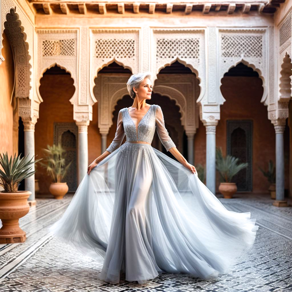 Elegant Evening Gown in Moroccan Courtyard