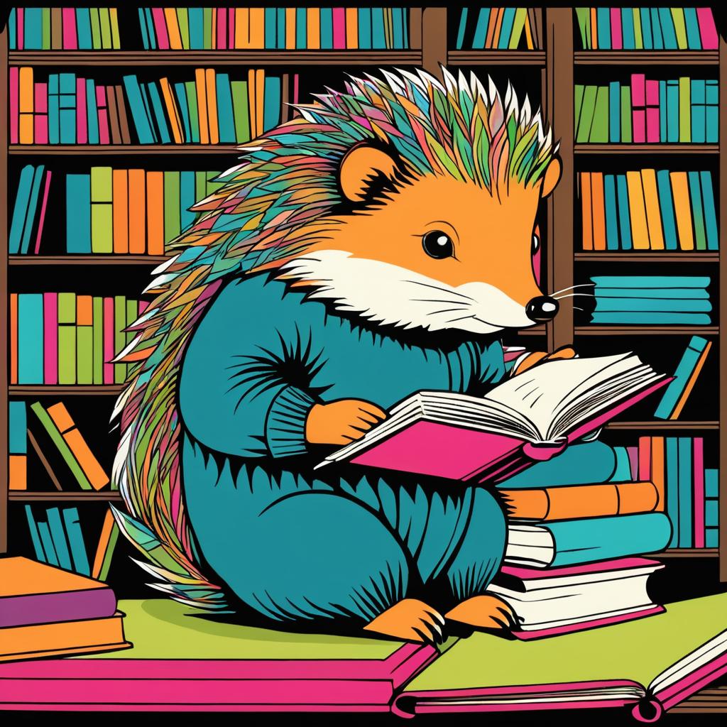 Vintage Hedgehog Reading in Bright Colors