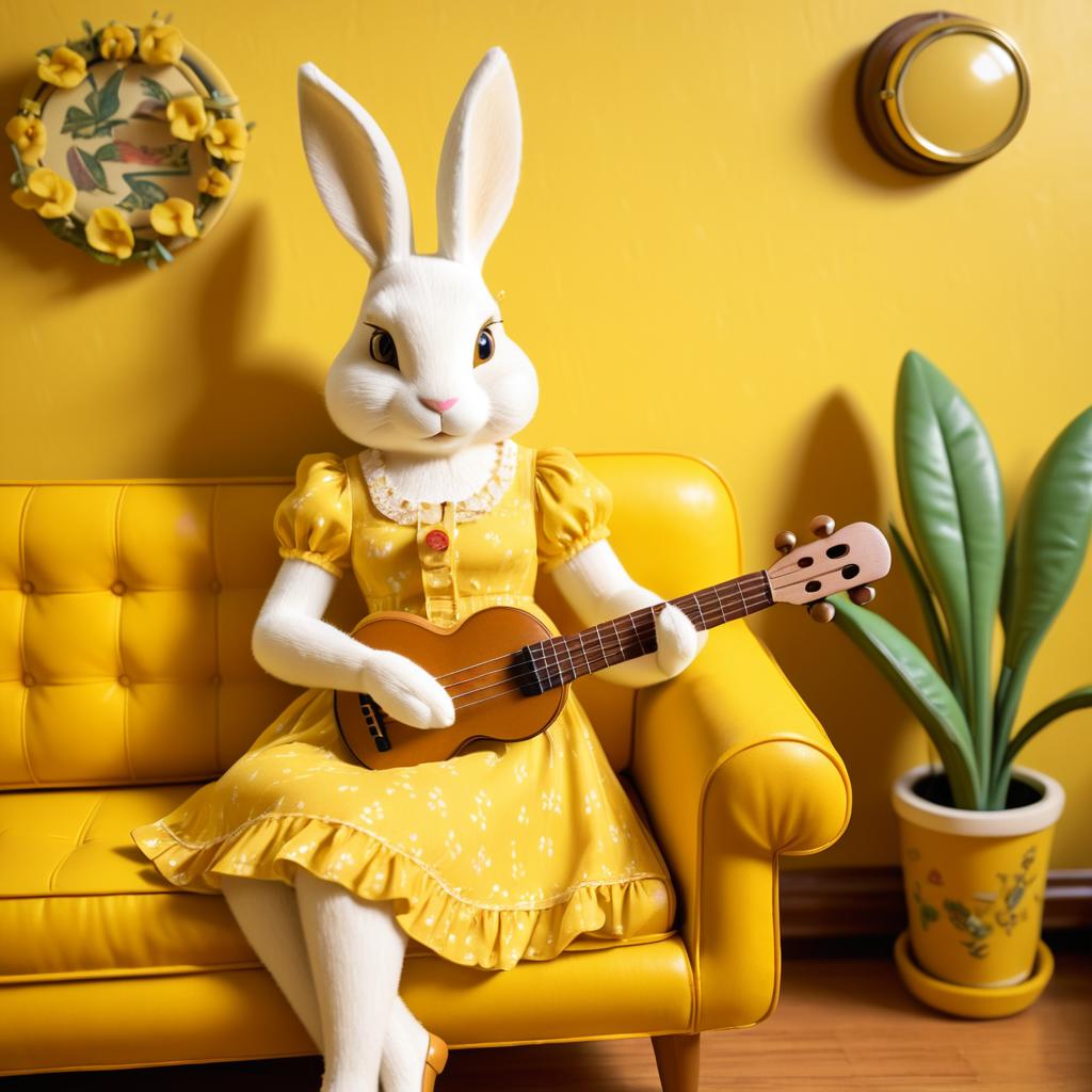 Retro Rabbit Lounging with Ukulele